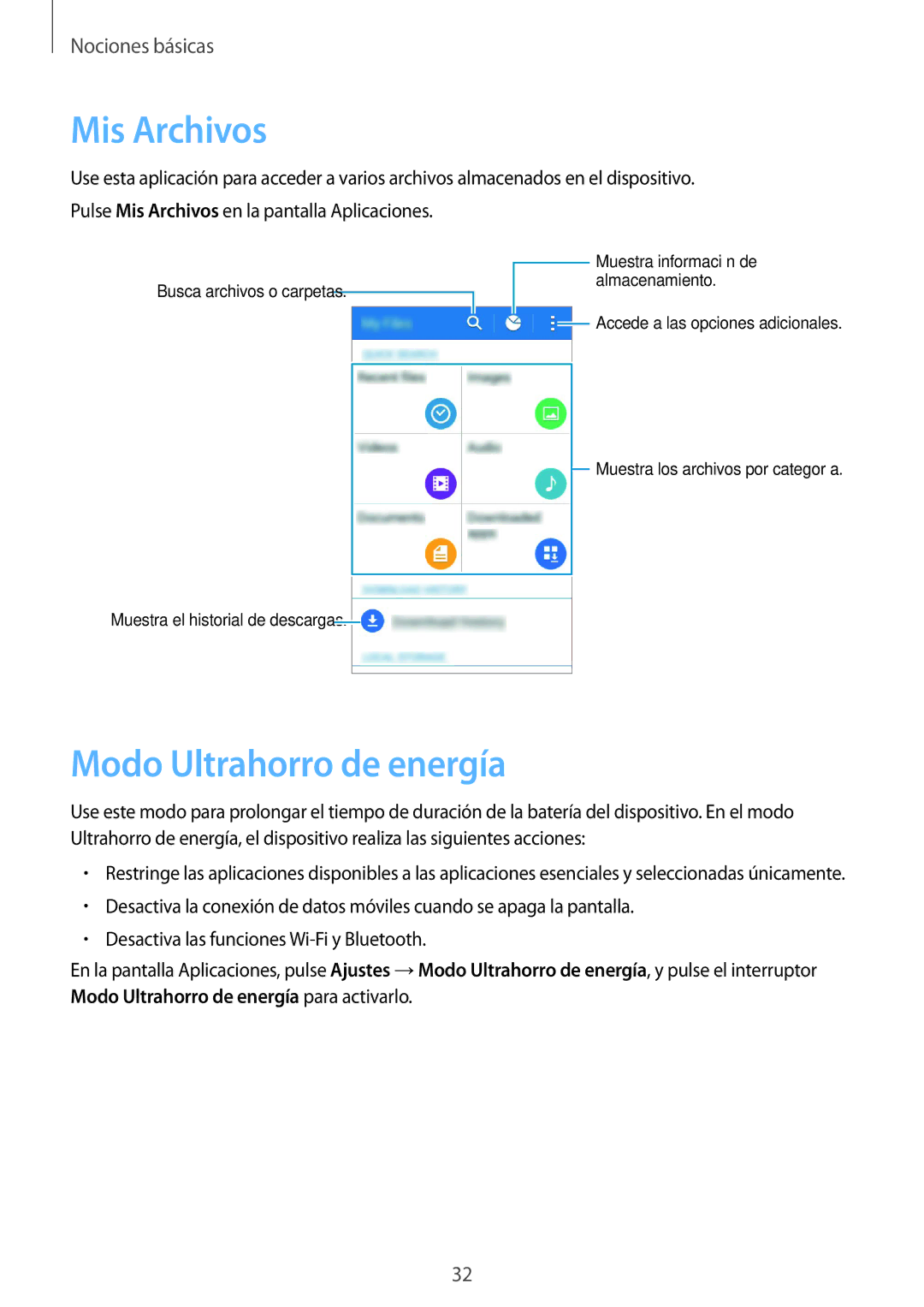 Samsung SM-G388FDSAPHE manual Mis Archivos, Modo Ultrahorro de energía 