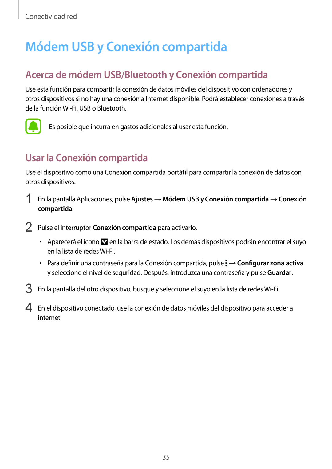 Samsung SM-G388FDSAPHE manual Módem USB y Conexión compartida, Acerca de módem USB/Bluetooth y Conexión compartida 