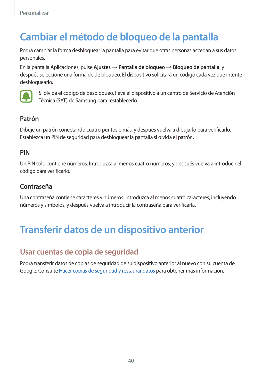 Samsung SM-G388FDSAPHE Cambiar el método de bloqueo de la pantalla, Transferir datos de un dispositivo anterior, Patrón 