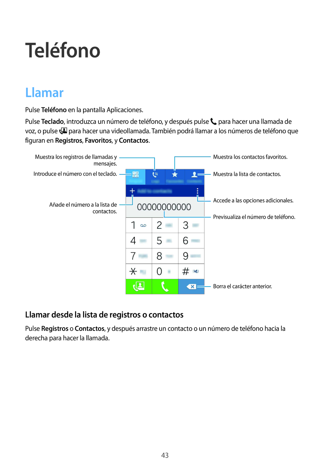 Samsung SM-G388FDSAPHE manual Teléfono, Llamar desde la lista de registros o contactos 