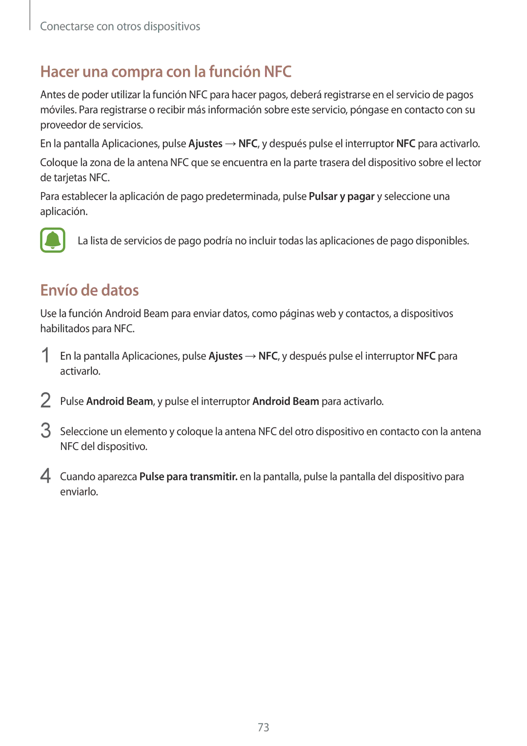 Samsung SM-G388FDSAPHE manual Hacer una compra con la función NFC, Envío de datos 