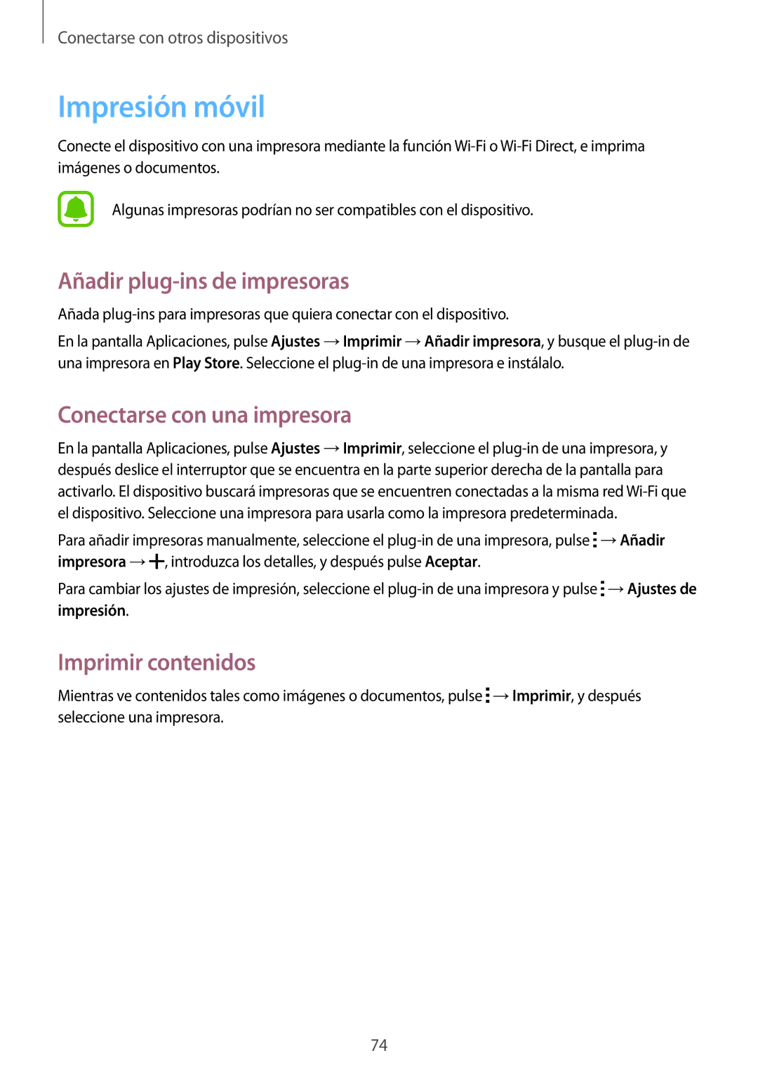 Samsung SM-G388FDSAPHE Impresión móvil, Añadir plug-ins de impresoras, Conectarse con una impresora, Imprimir contenidos 