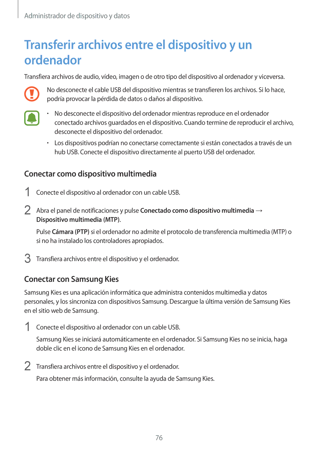 Samsung SM-G388FDSAPHE manual Transferir archivos entre el dispositivo y un ordenador, Conectar como dispositivo multimedia 