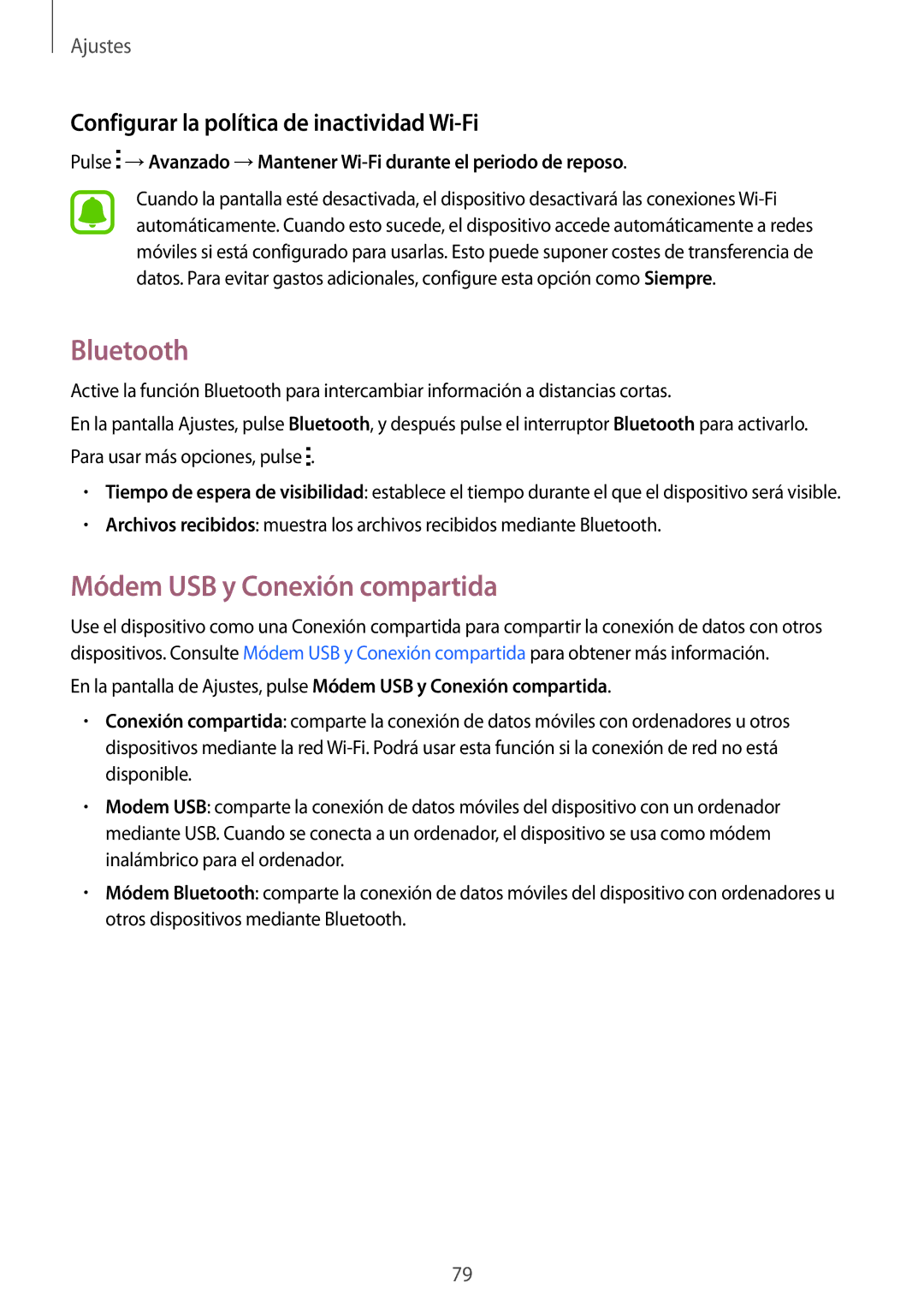 Samsung SM-G388FDSAPHE manual Bluetooth, Módem USB y Conexión compartida, Configurar la política de inactividad Wi-Fi 