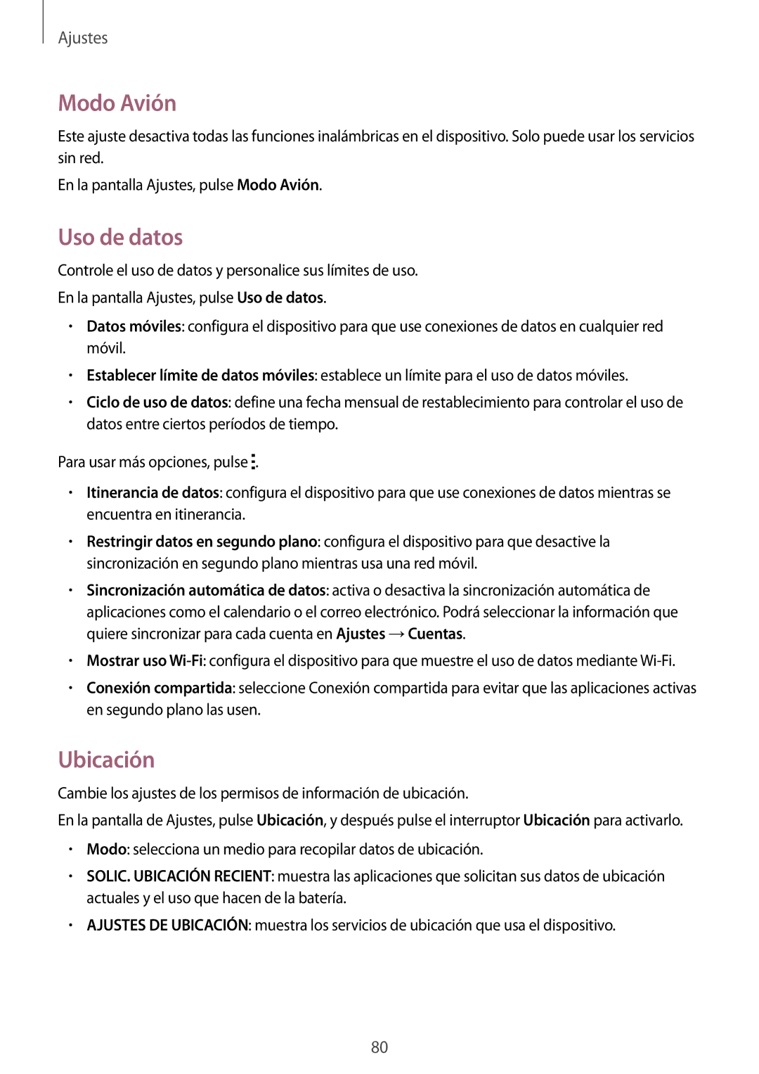 Samsung SM-G388FDSAPHE manual Modo Avión, Uso de datos, Ubicación 