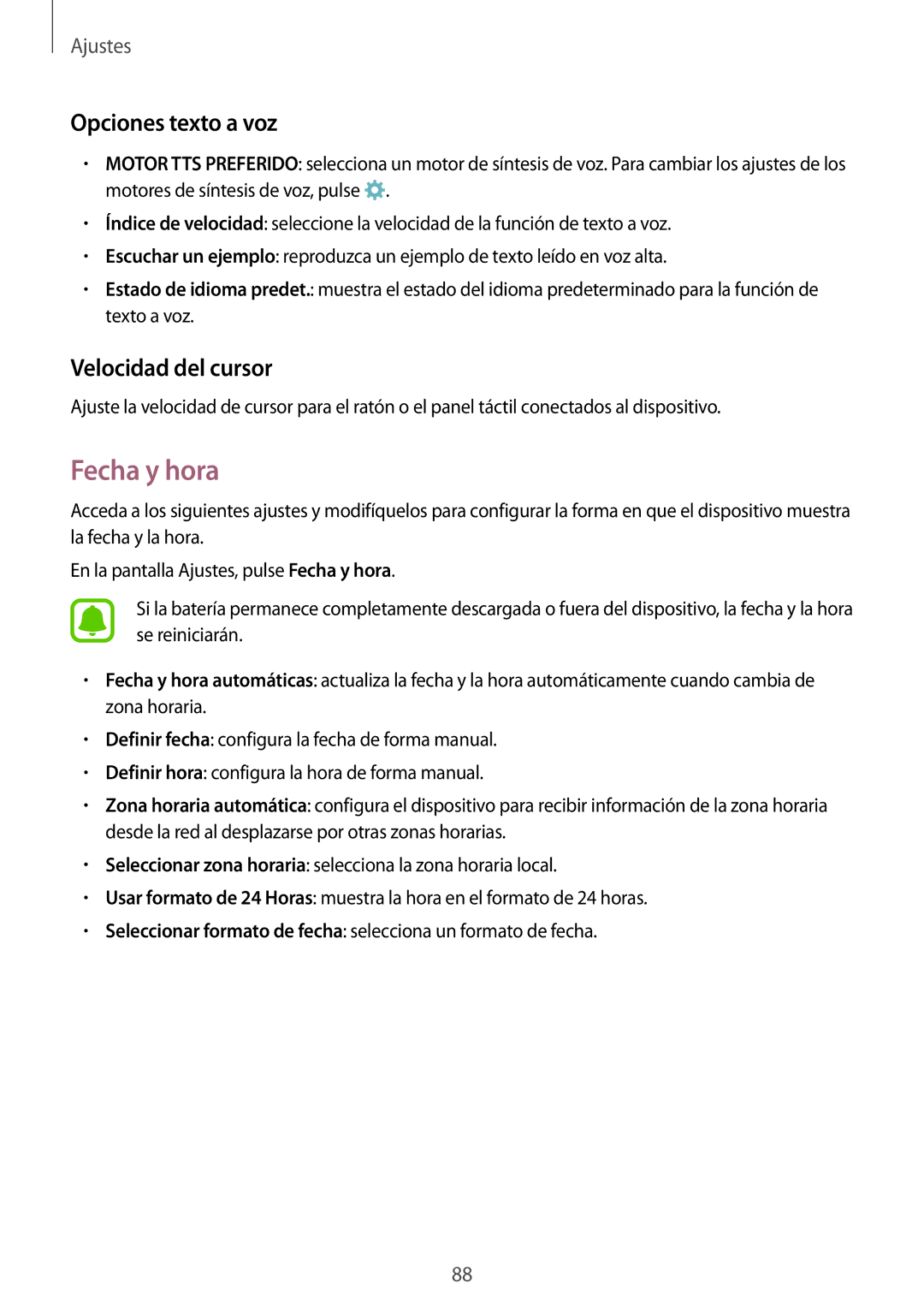 Samsung SM-G388FDSAPHE manual Fecha y hora, Opciones texto a voz, Velocidad del cursor 