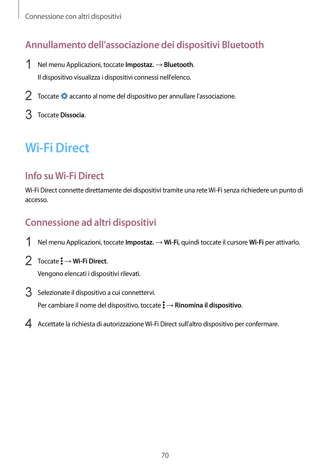 Samsung SM-G388FDSACOS, SM-G388FDSAPLS Annullamento dellassociazione dei dispositivi Bluetooth, Info su Wi-Fi Direct 