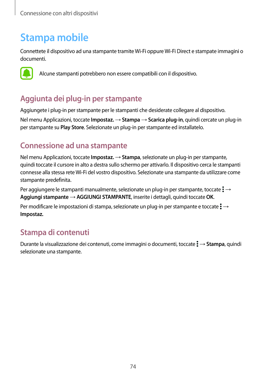 Samsung SM-G388FDSALUX, SM-G388FDSAPLS Stampa mobile, Aggiunta dei plug-in per stampante, Connessione ad una stampante 