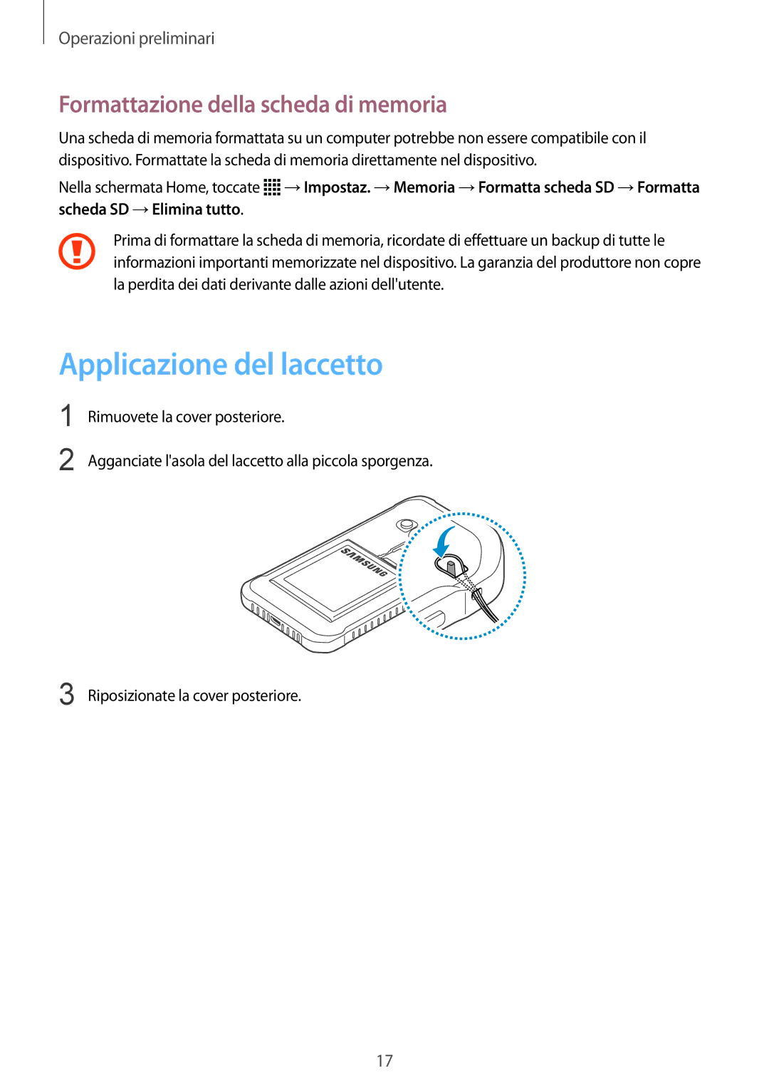 Samsung SM-G388FDSATIM, SM-G388FDSAPLS, SM-G388FDSADPL Applicazione del laccetto, Formattazione della scheda di memoria 