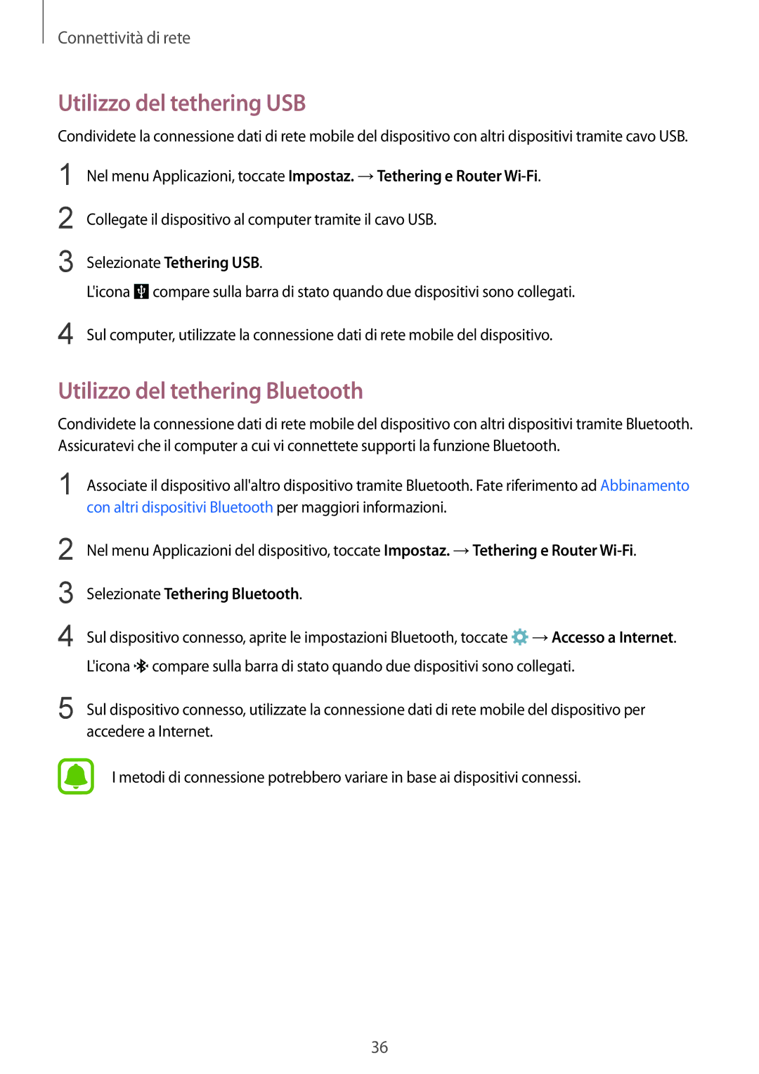 Samsung SM-G388FDSAPRT, SM-G388FDSAPLS, SM-G388FDSADPL manual Utilizzo del tethering USB, Utilizzo del tethering Bluetooth 