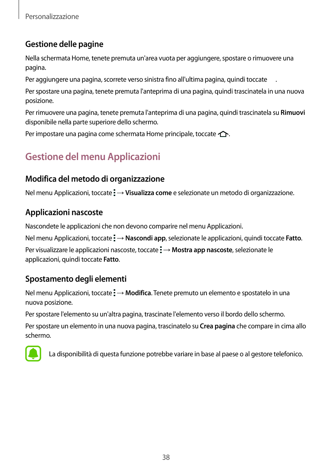 Samsung SM-G388FDSAXEO manual Gestione del menu Applicazioni, Gestione delle pagine, Modifica del metodo di organizzazione 