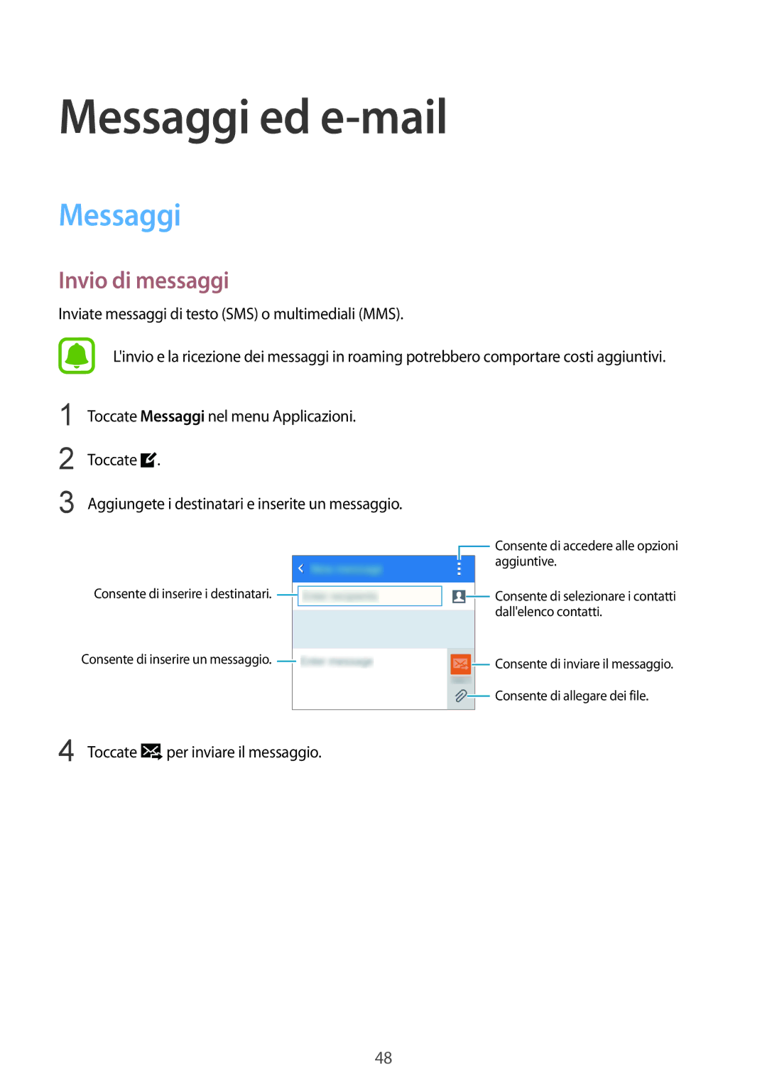 Samsung SM-G388FDSACOS, SM-G388FDSAPLS, SM-G388FDSADPL, SM-G388FDSADBT, SM-G388FDSAPRT Messaggi ed e-mail, Invio di messaggi 