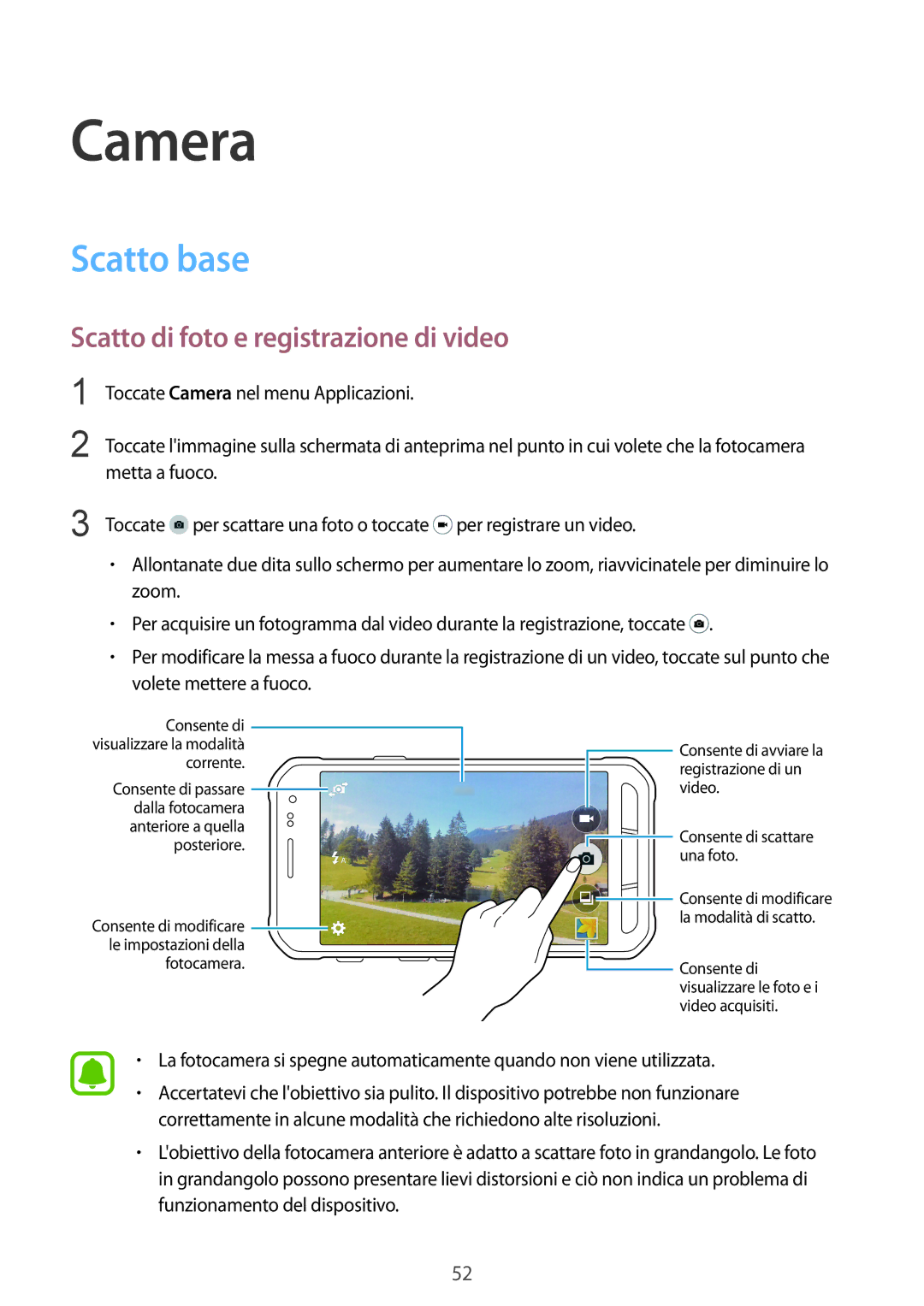 Samsung SM-G388FDSALUX, SM-G388FDSAPLS, SM-G388FDSADPL manual Camera, Scatto base, Scatto di foto e registrazione di video 