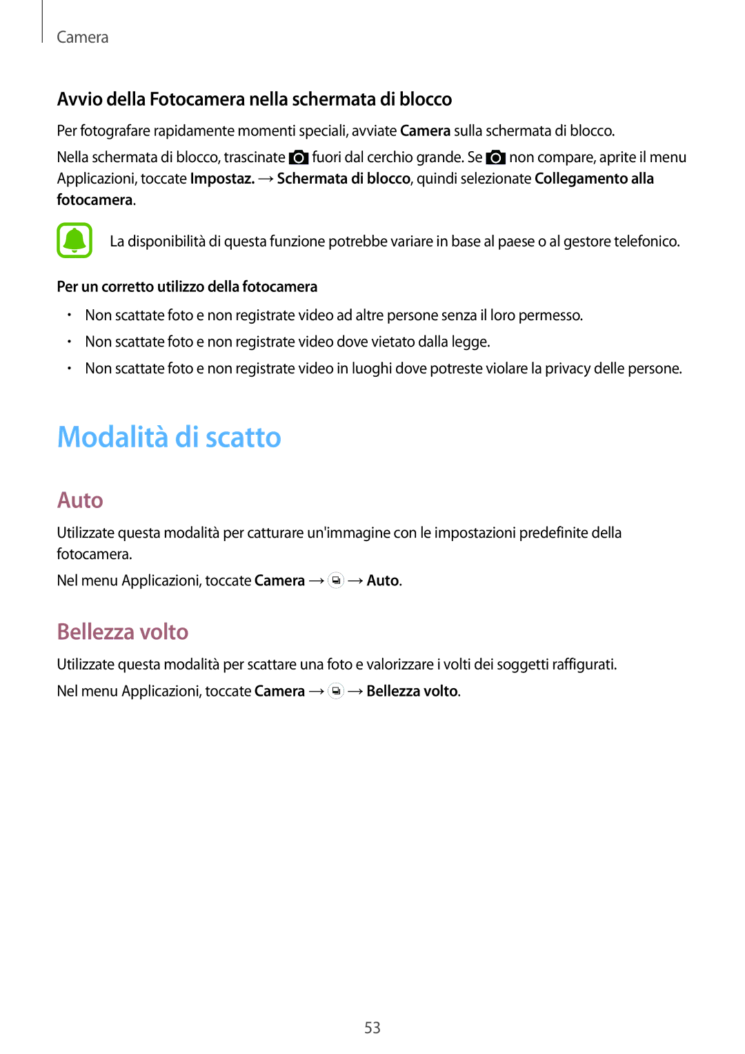 Samsung SM-G388FDSAITV manual Modalità di scatto, Auto, Bellezza volto, Avvio della Fotocamera nella schermata di blocco 
