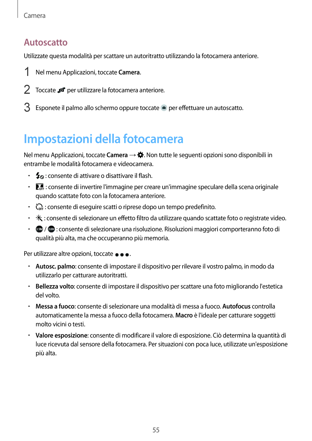 Samsung SM-G388FDSAPLS, SM-G388FDSADPL, SM-G388FDSADBT, SM-G388FDSAPRT manual Impostazioni della fotocamera, Autoscatto 