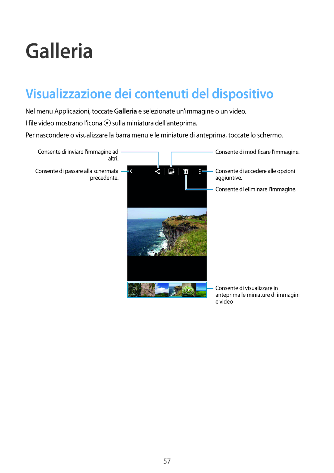 Samsung SM-G388FDSADBT, SM-G388FDSAPLS, SM-G388FDSADPL manual Galleria, Visualizzazione dei contenuti del dispositivo 