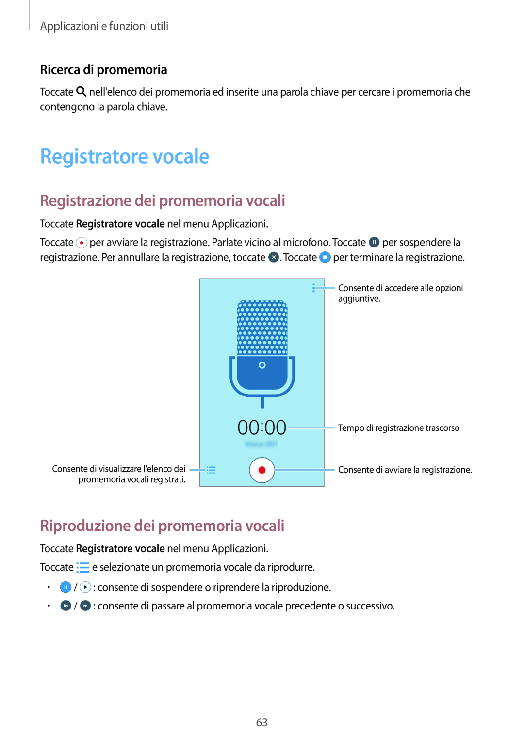 Samsung SM-G388FDSALUX manual Registratore vocale, Registrazione dei promemoria vocali, Riproduzione dei promemoria vocali 