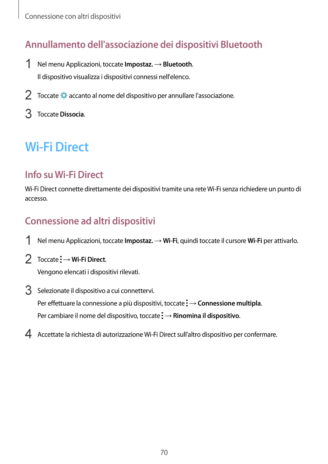 Samsung SM-G388FDSACOS, SM-G388FDSAPLS Annullamento dellassociazione dei dispositivi Bluetooth, Info su Wi-Fi Direct 