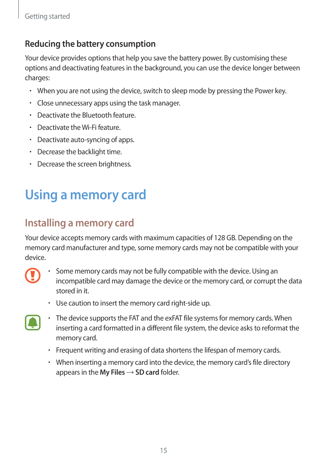 Samsung SM2G388FDSADBT, SM-G388FDSAPLS Using a memory card, Installing a memory card, Reducing the battery consumption 