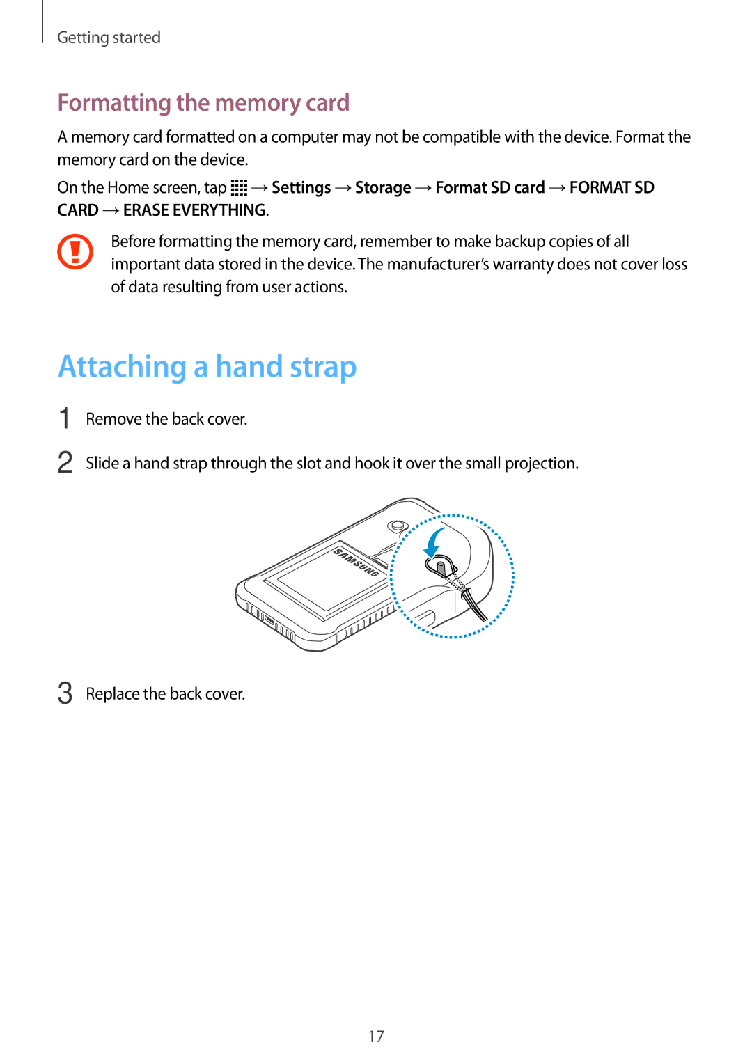 Samsung SM-G388FDSAFTM, SM-G388FDSAPLS, SM-G388FDSASEB, SM-G388FDSADPL Attaching a hand strap, Formatting the memory card 