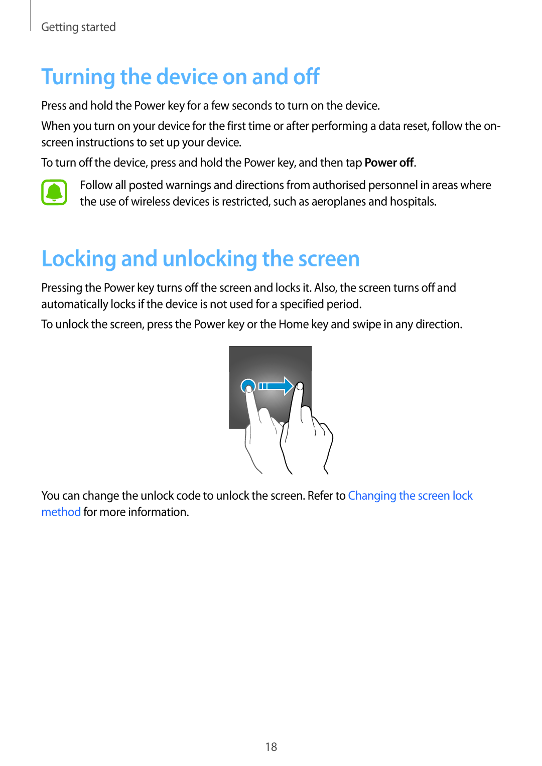 Samsung SM-G388FDSASFR, SM-G388FDSAPLS, SM-G388FDSASEB manual Turning the device on and off, Locking and unlocking the screen 