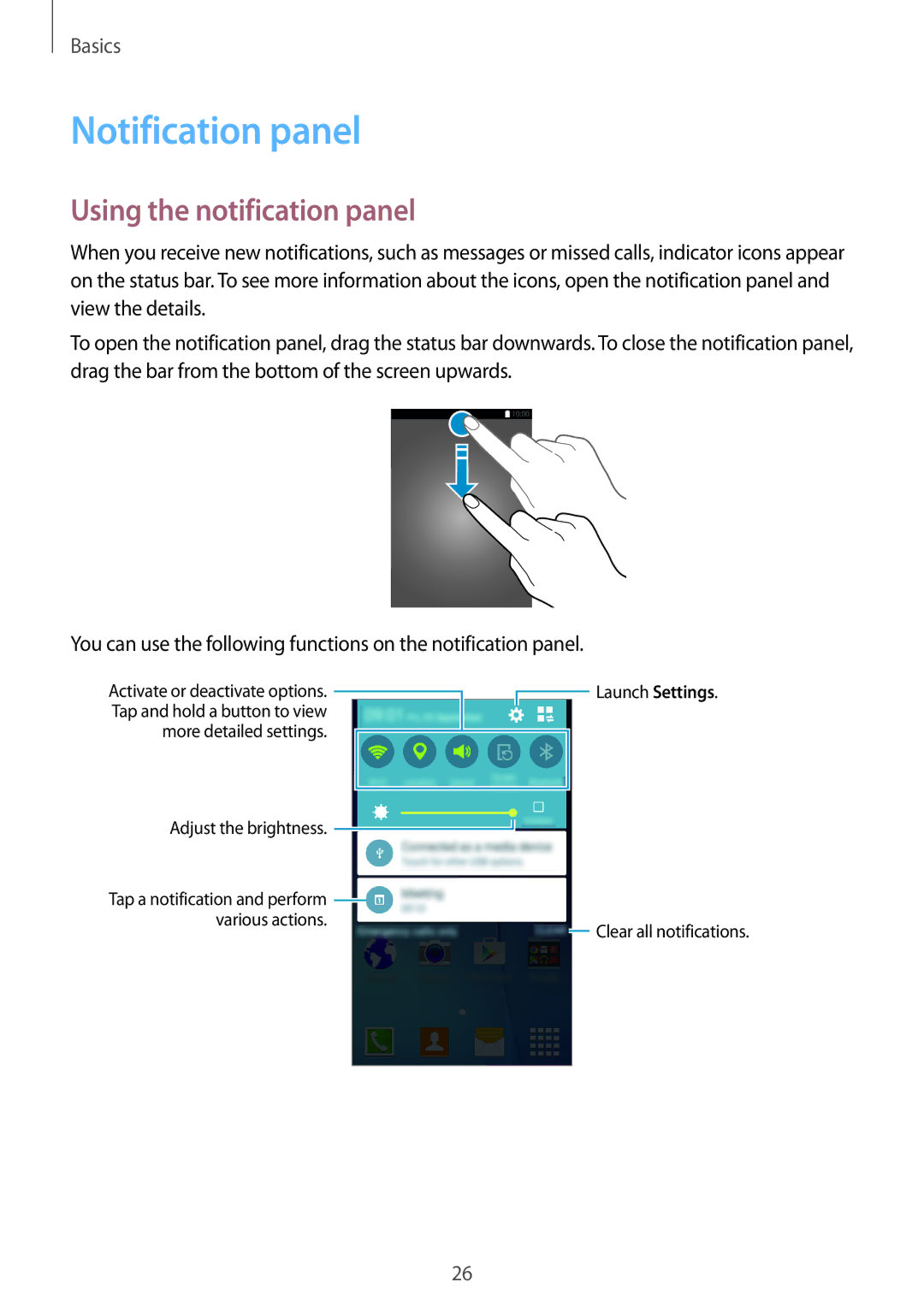 Samsung SM-G388FDSAETL, SM-G388FDSAPLS, SM-G388FDSASEB, SM-G388FDSADPL manual Notification panel, Using the notification panel 