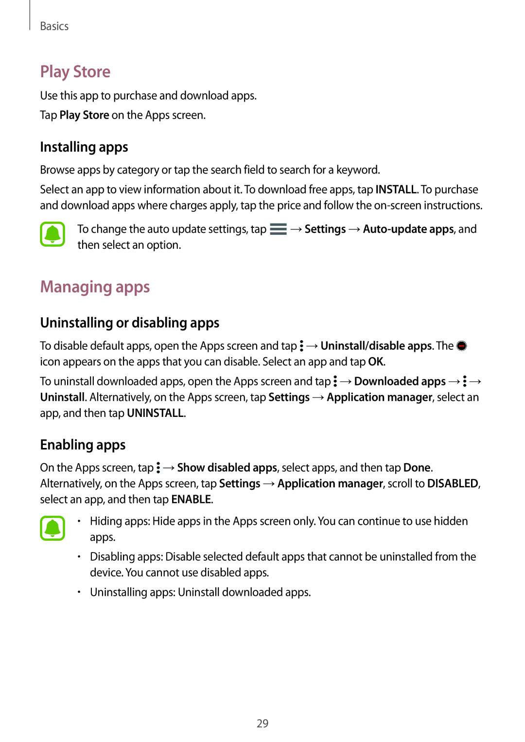 Samsung SM-G388FDSASEB, SM-G388FDSAPLS manual Play Store, Managing apps, Uninstalling or disabling apps, Enabling apps 