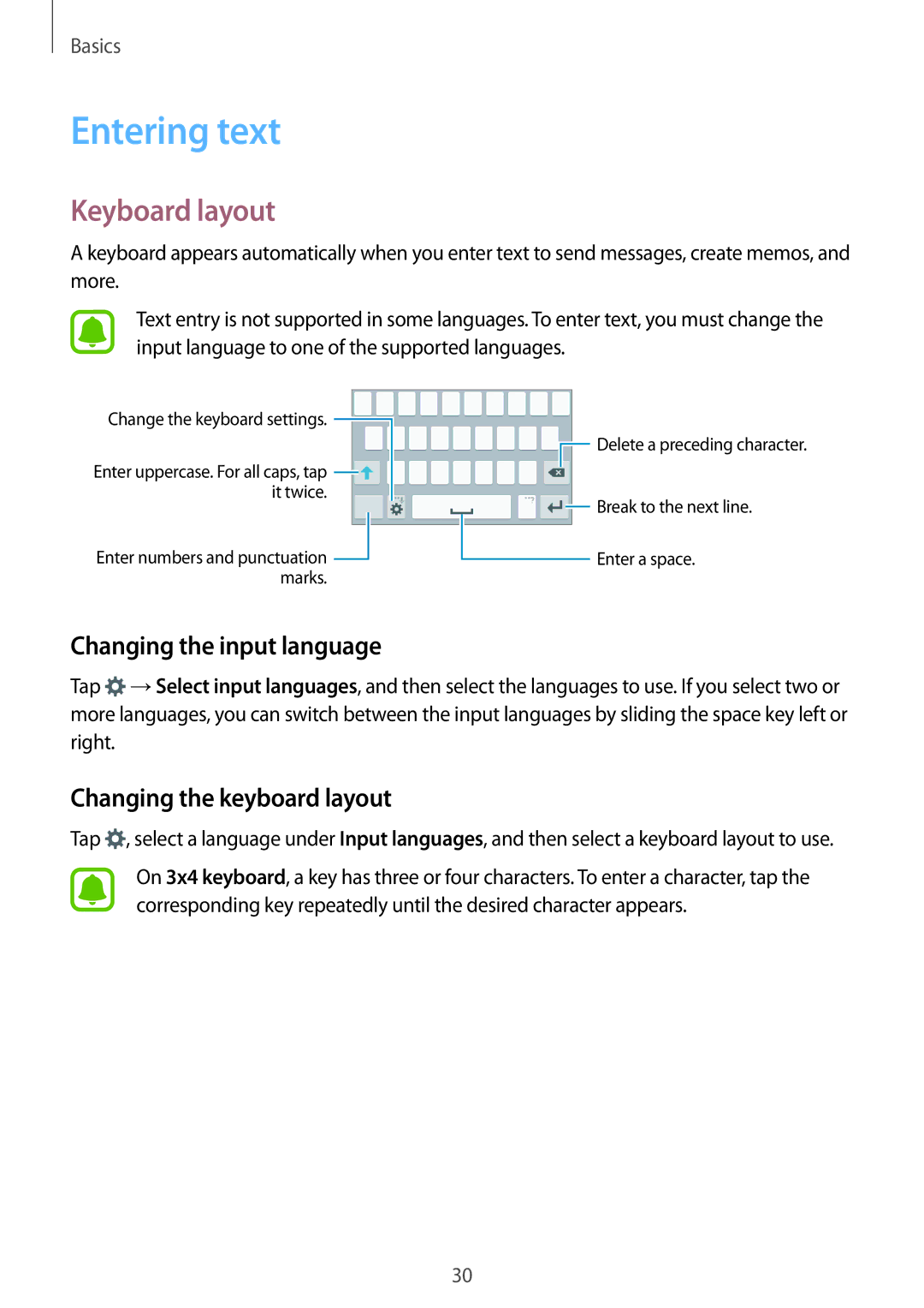 Samsung SM-G388FDSADPL manual Entering text, Keyboard layout, Changing the input language, Changing the keyboard layout 