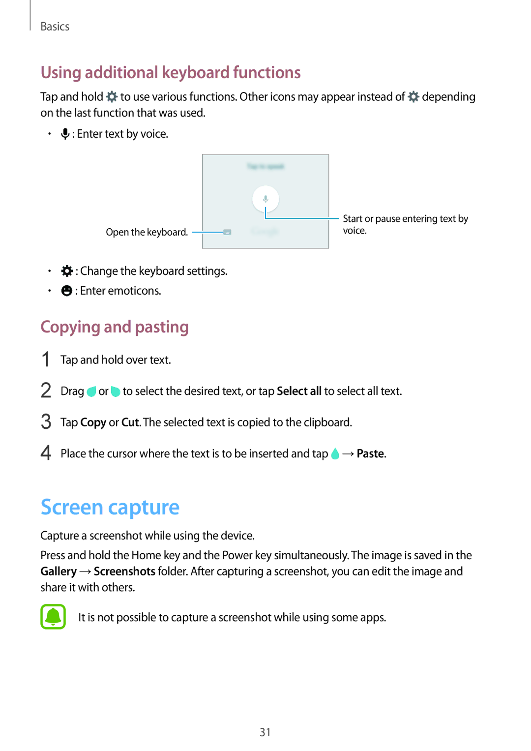 Samsung SM-G388FDSADBT, SM-G388FDSAPLS manual Screen capture, Using additional keyboard functions, Copying and pasting 