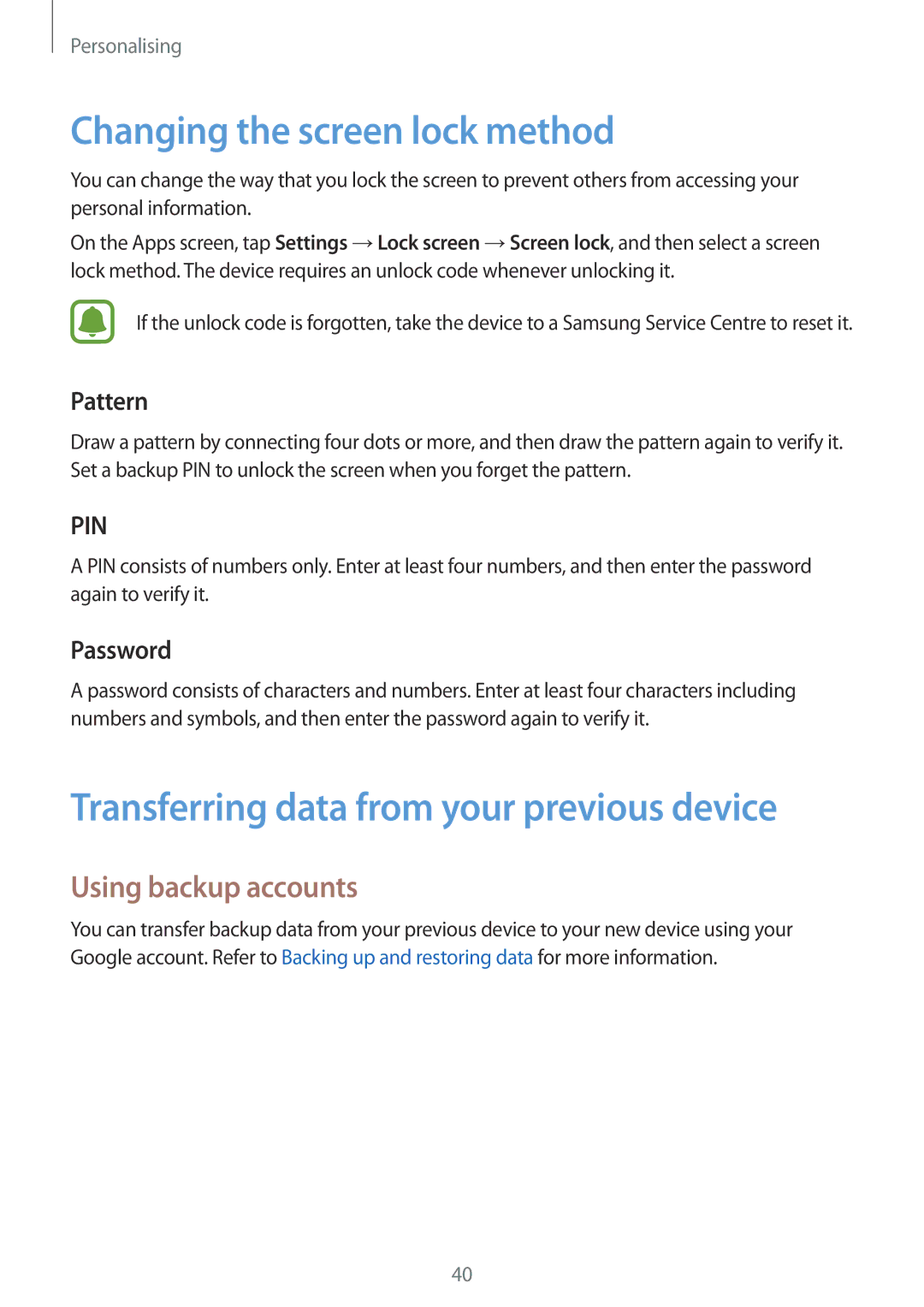 Samsung SM-G388FDSAXEO Changing the screen lock method, Transferring data from your previous device, Using backup accounts 