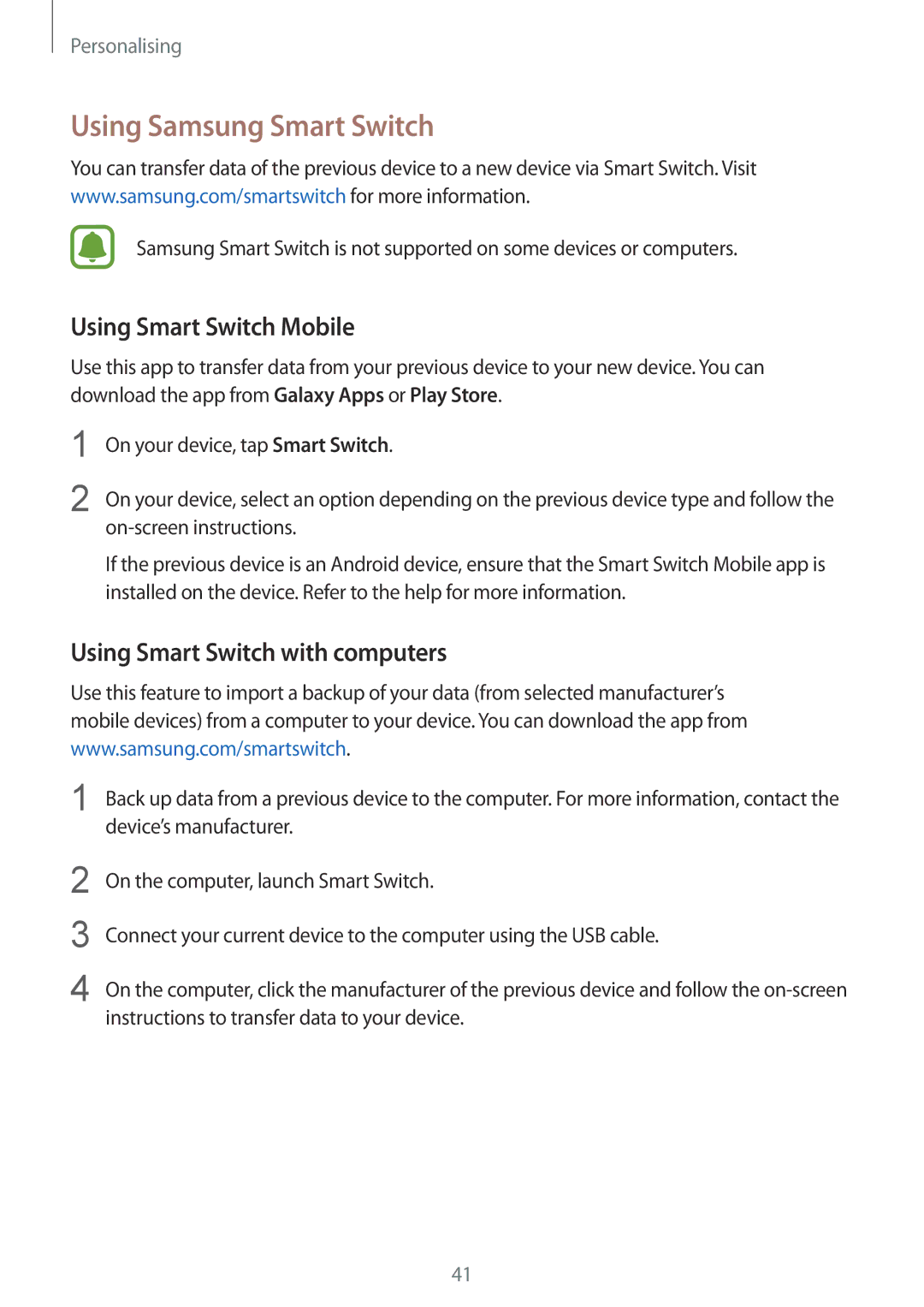 Samsung SM-G388FDSATTR manual Using Samsung Smart Switch, Using Smart Switch Mobile, Using Smart Switch with computers 