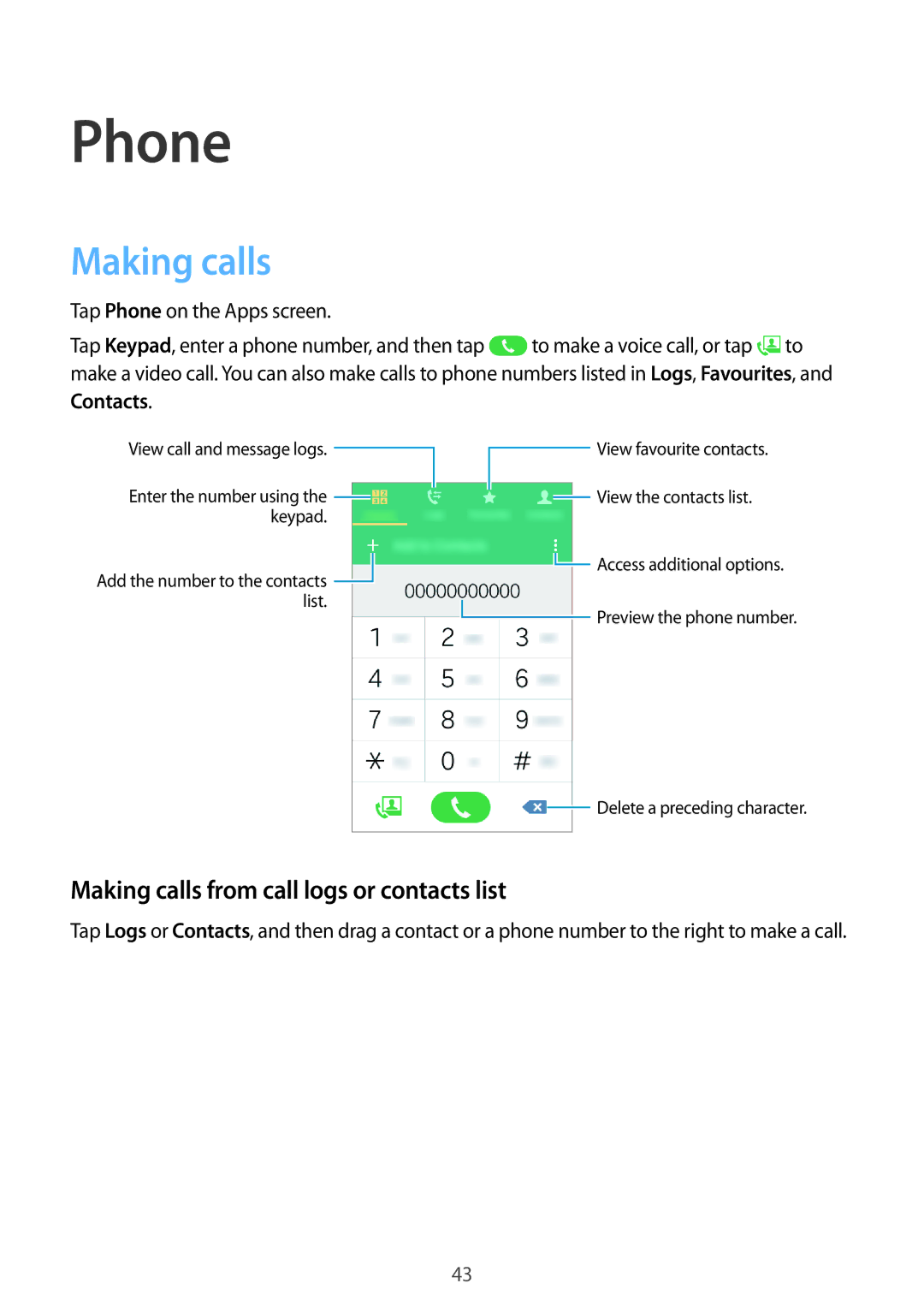 Samsung SM2G388FDSADBT, SM-G388FDSAPLS, SM-G388FDSASEB manual Phone, Making calls from call logs or contacts list 