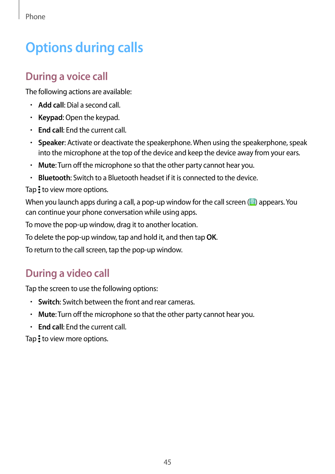 Samsung SM-G388FDSAFTM, SM-G388FDSAPLS, SM-G388FDSASEB manual Options during calls, During a voice call, During a video call 