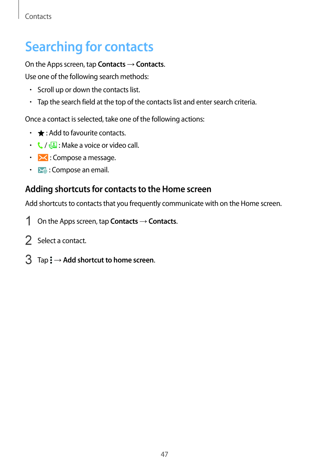 Samsung SM-G388FDSATIM, SM-G388FDSAPLS manual Searching for contacts, Adding shortcuts for contacts to the Home screen 