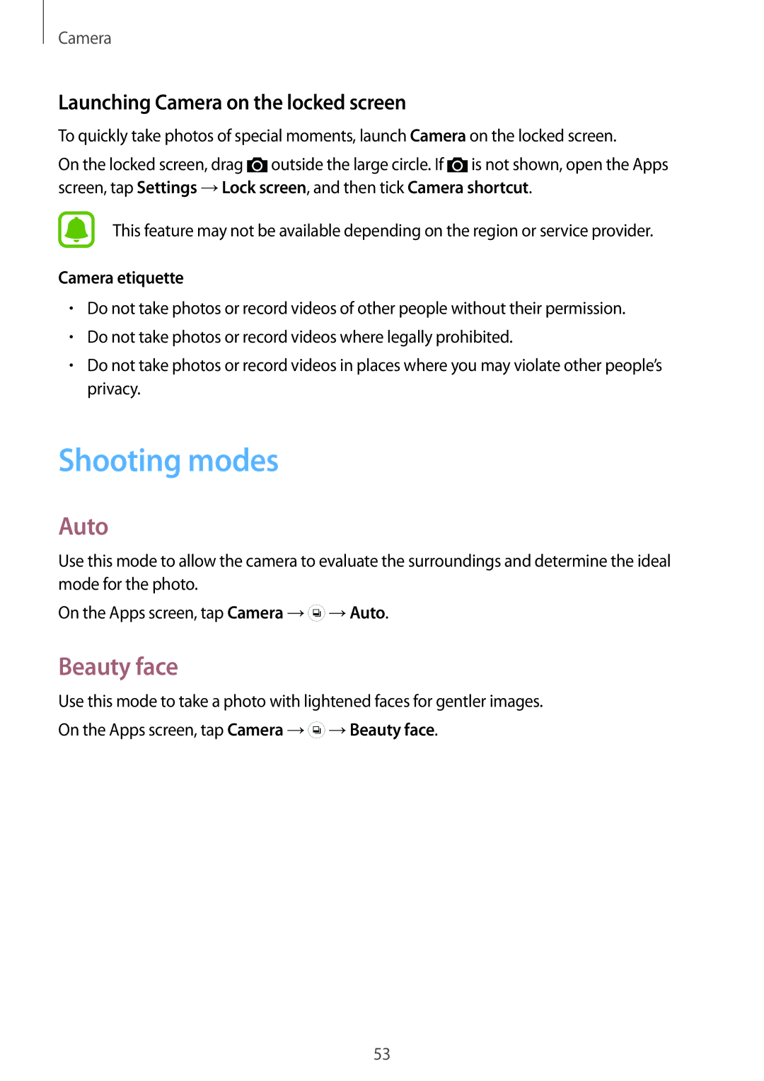 Samsung SM-G388FDSABGL manual Shooting modes, Auto, Beauty face, Launching Camera on the locked screen, Camera etiquette 