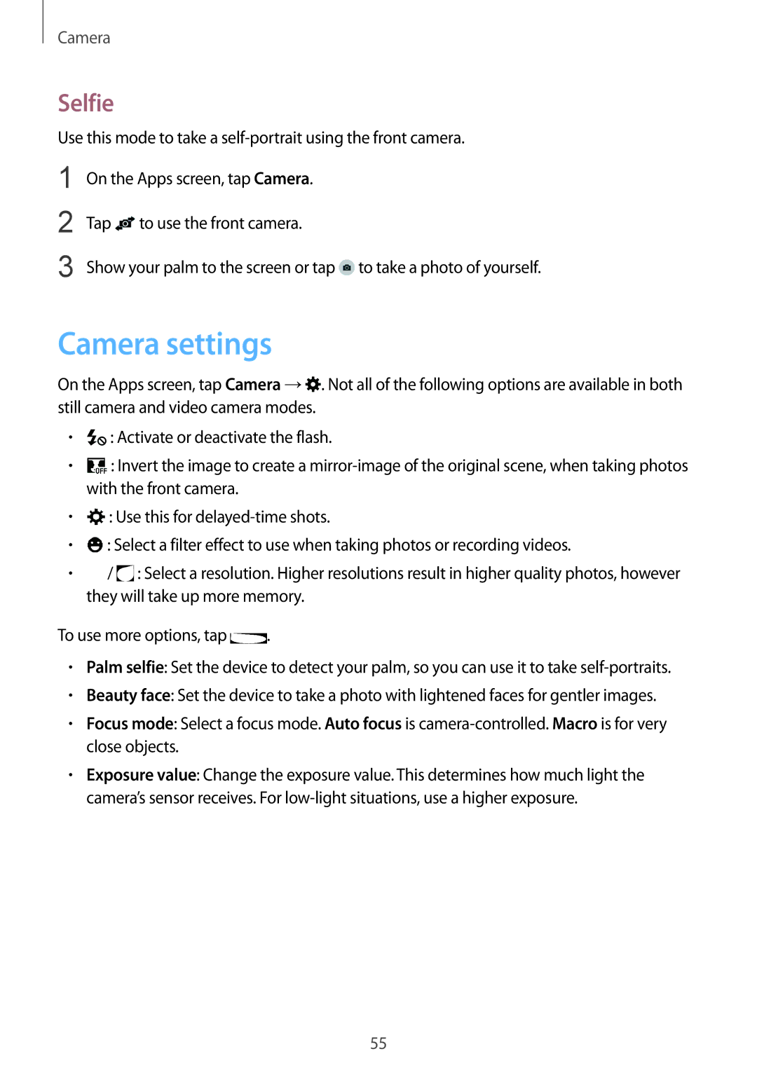 Samsung SM-G388FDSASER, SM-G388FDSAPLS, SM-G388FDSASEB, SM-G388FDSADPL, SM-G388FDSADBT, SM-G388FDSACYV Camera settings, Selfie 