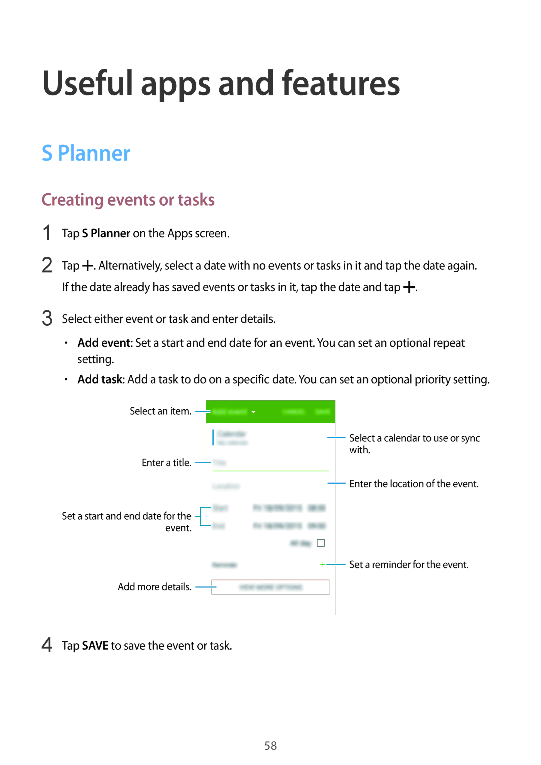 Samsung SM-G388FDSADPL, SM-G388FDSAPLS, SM-G388FDSASEB manual Useful apps and features, Planner, Creating events or tasks 