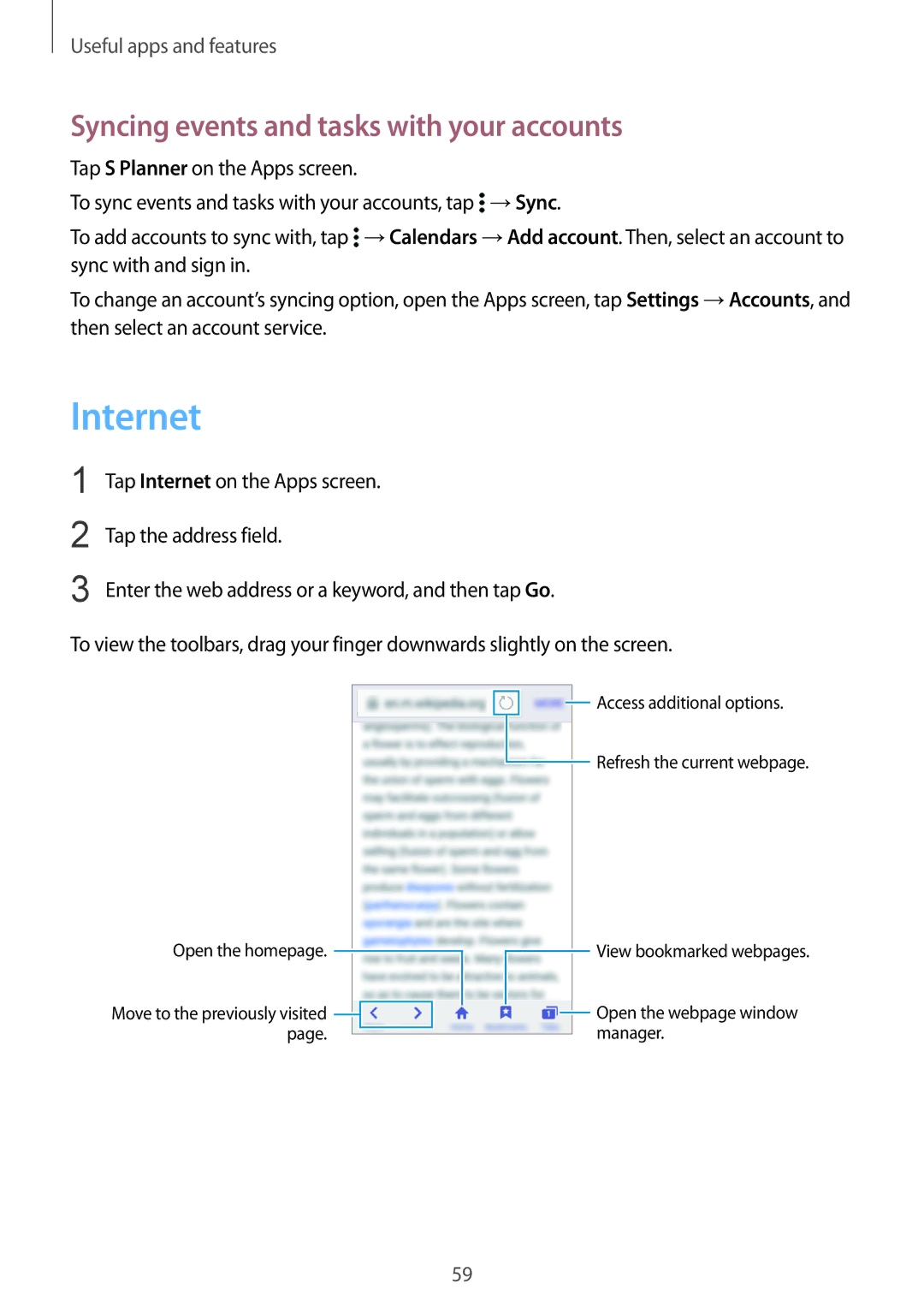 Samsung SM-G388FDSADBT, SM-G388FDSAPLS, SM-G388FDSASEB, SM-G388FDSADPL Internet, Syncing events and tasks with your accounts 