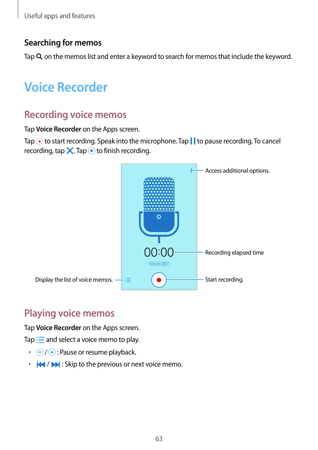 Samsung SM-G388FDSAATO, SM-G388FDSAPLS Voice Recorder, Recording voice memos, Playing voice memos, Searching for memos 