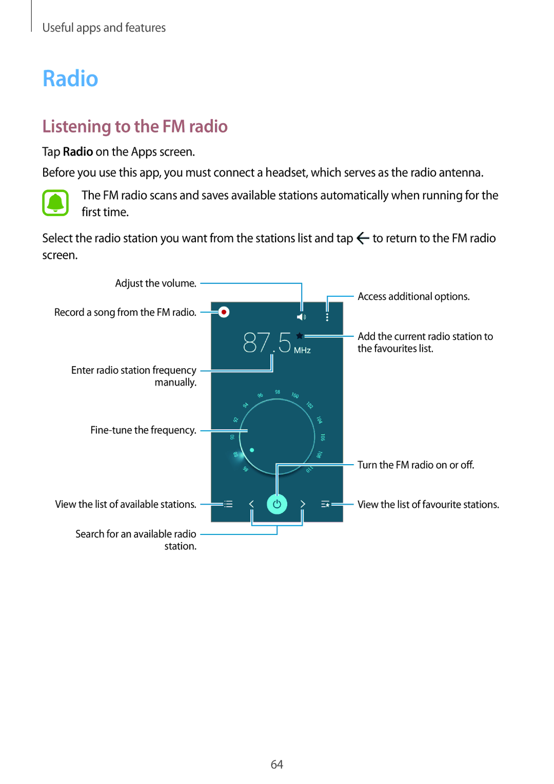 Samsung SM-G388FDSADDE, SM-G388FDSAPLS, SM-G388FDSASEB, SM-G388FDSADPL, SM-G388FDSADBT manual Radio, Listening to the FM radio 