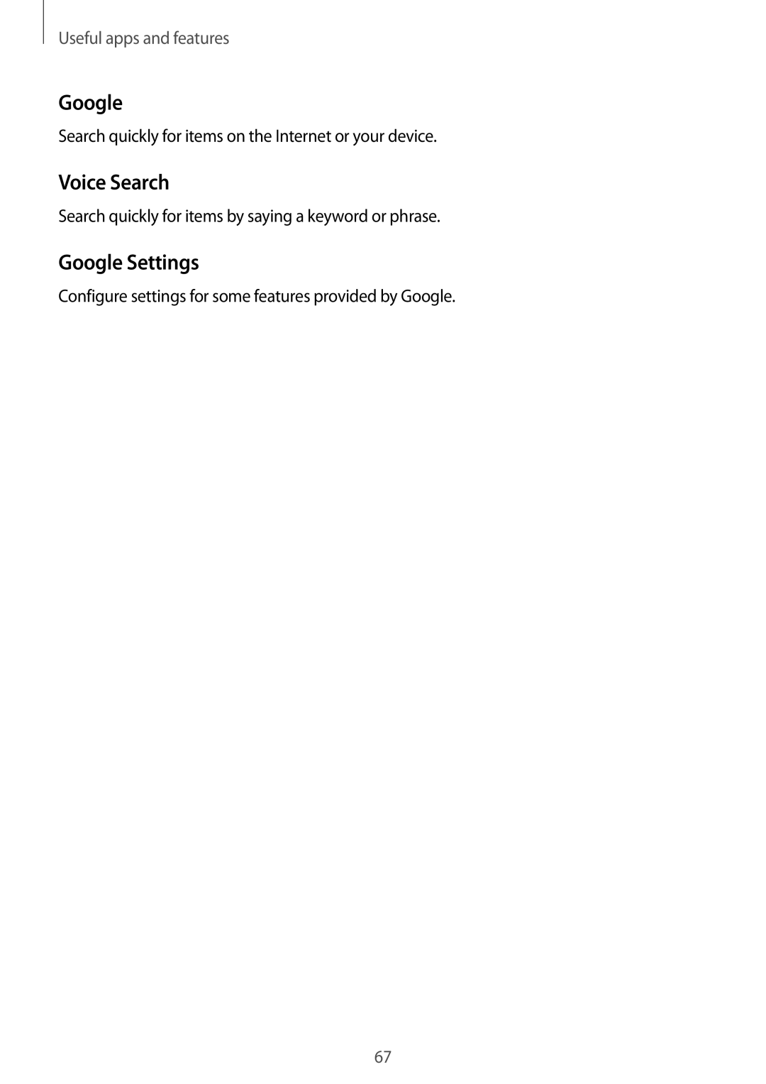 Samsung SM-G388FDSAMOB, SM-G388FDSAPLS, SM-G388FDSASEB, SM-G388FDSADPL, SM-G388FDSADBT manual Voice Search, Google Settings 