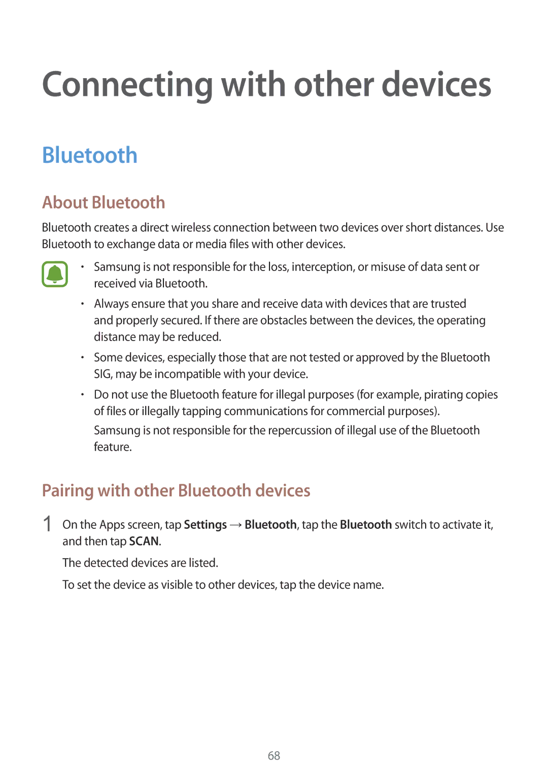 Samsung SM-G388FDSAXEO, SM-G388FDSAPLS, SM-G388FDSASEB manual About Bluetooth, Pairing with other Bluetooth devices 