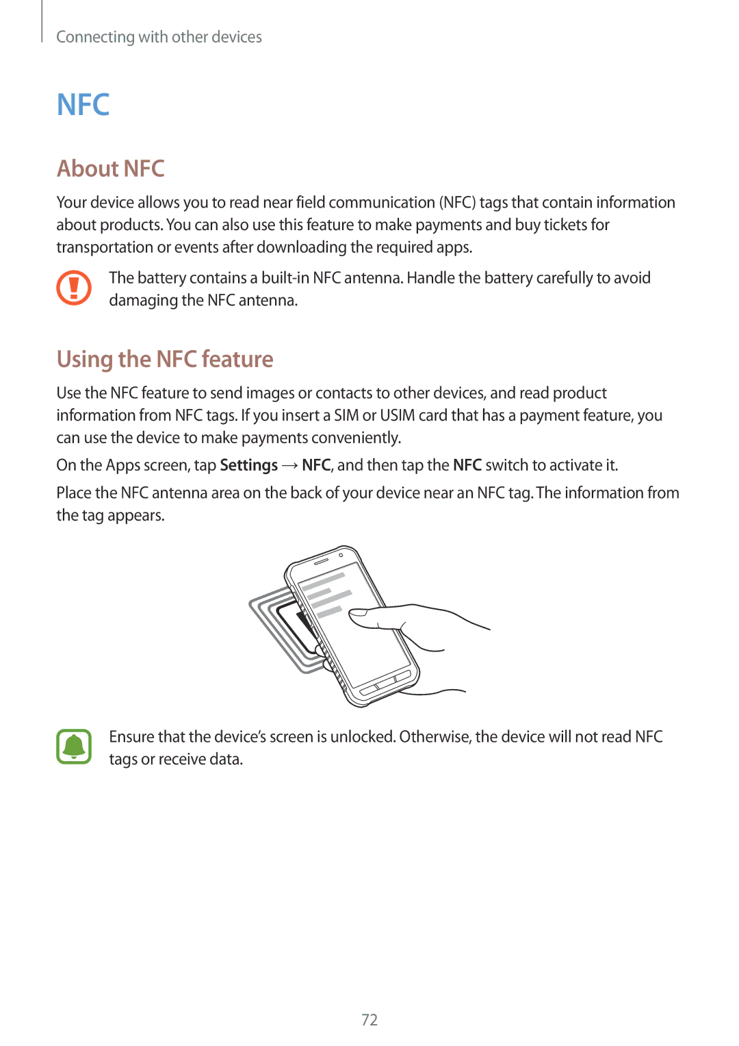 Samsung SM-G388FDSAXEF, SM-G388FDSAPLS, SM-G388FDSASEB, SM-G388FDSADPL, SM-G388FDSADBT manual About NFC, Using the NFC feature 