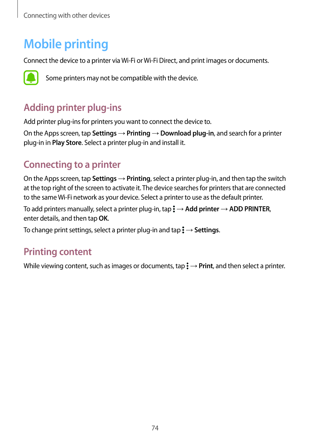 Samsung SM-G388FDSASFR, SM-G388FDSAPLS Mobile printing, Adding printer plug-ins, Connecting to a printer, Printing content 