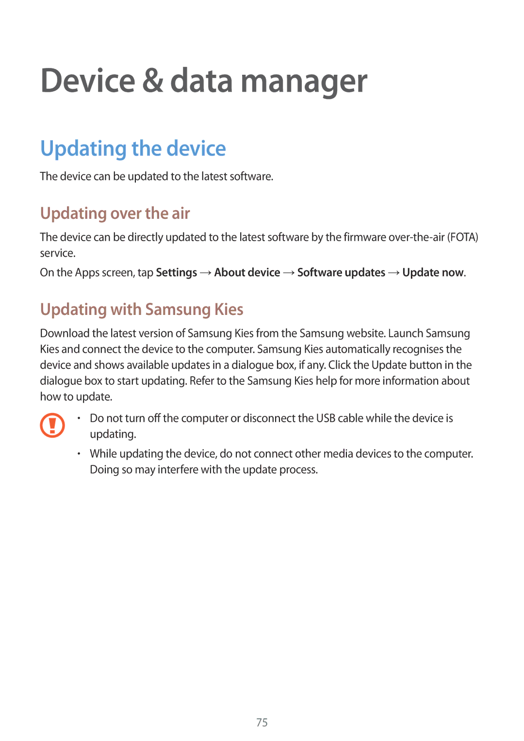 Samsung SM-G388FDSATIM manual Device & data manager, Updating the device, Updating over the air, Updating with Samsung Kies 