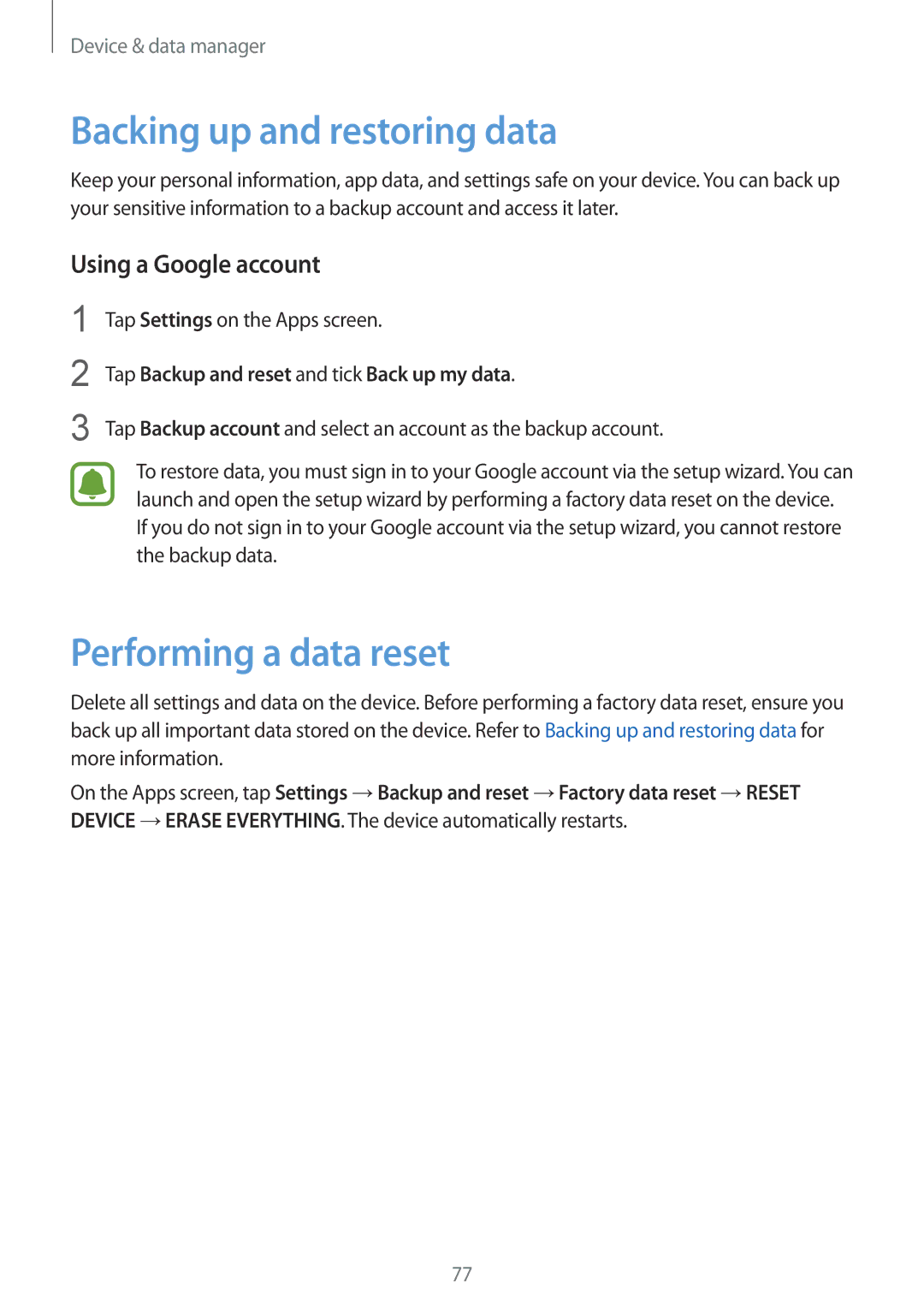 Samsung SM-G388FDSALUX, SM-G388FDSAPLS manual Backing up and restoring data, Performing a data reset, Using a Google account 