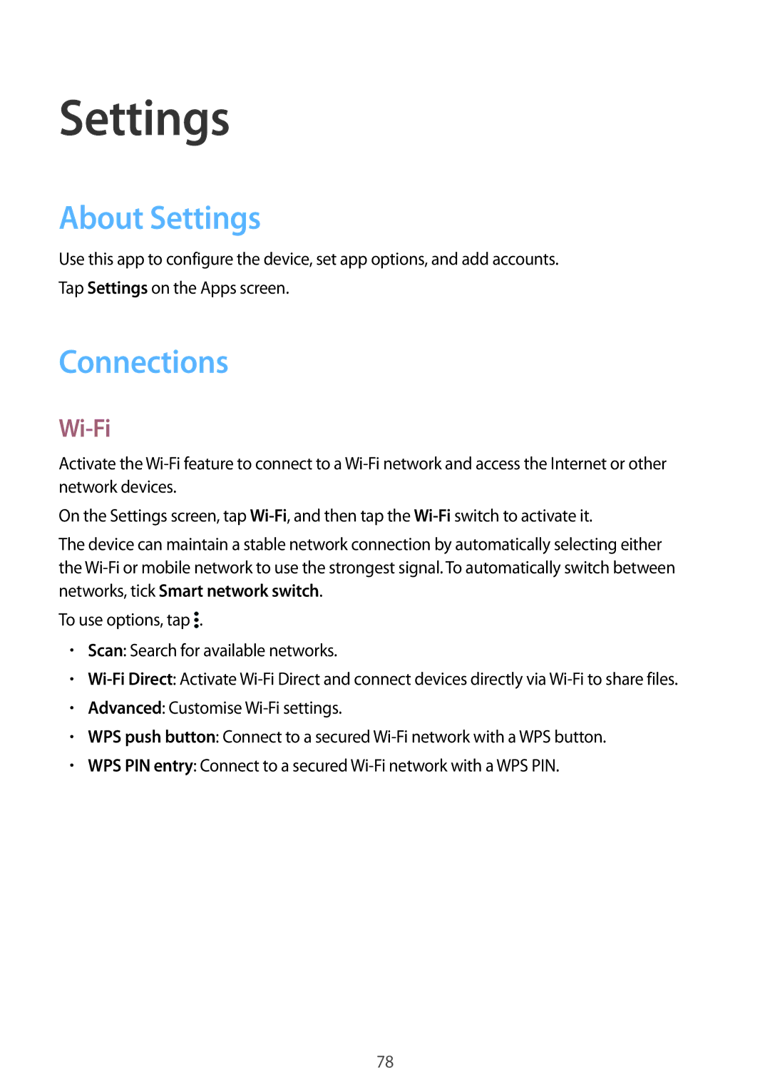 Samsung SM-G388FDSAITV, SM-G388FDSAPLS, SM-G388FDSASEB, SM-G388FDSADPL, SM-G388FDSADBT About Settings, Connections, Wi-Fi 