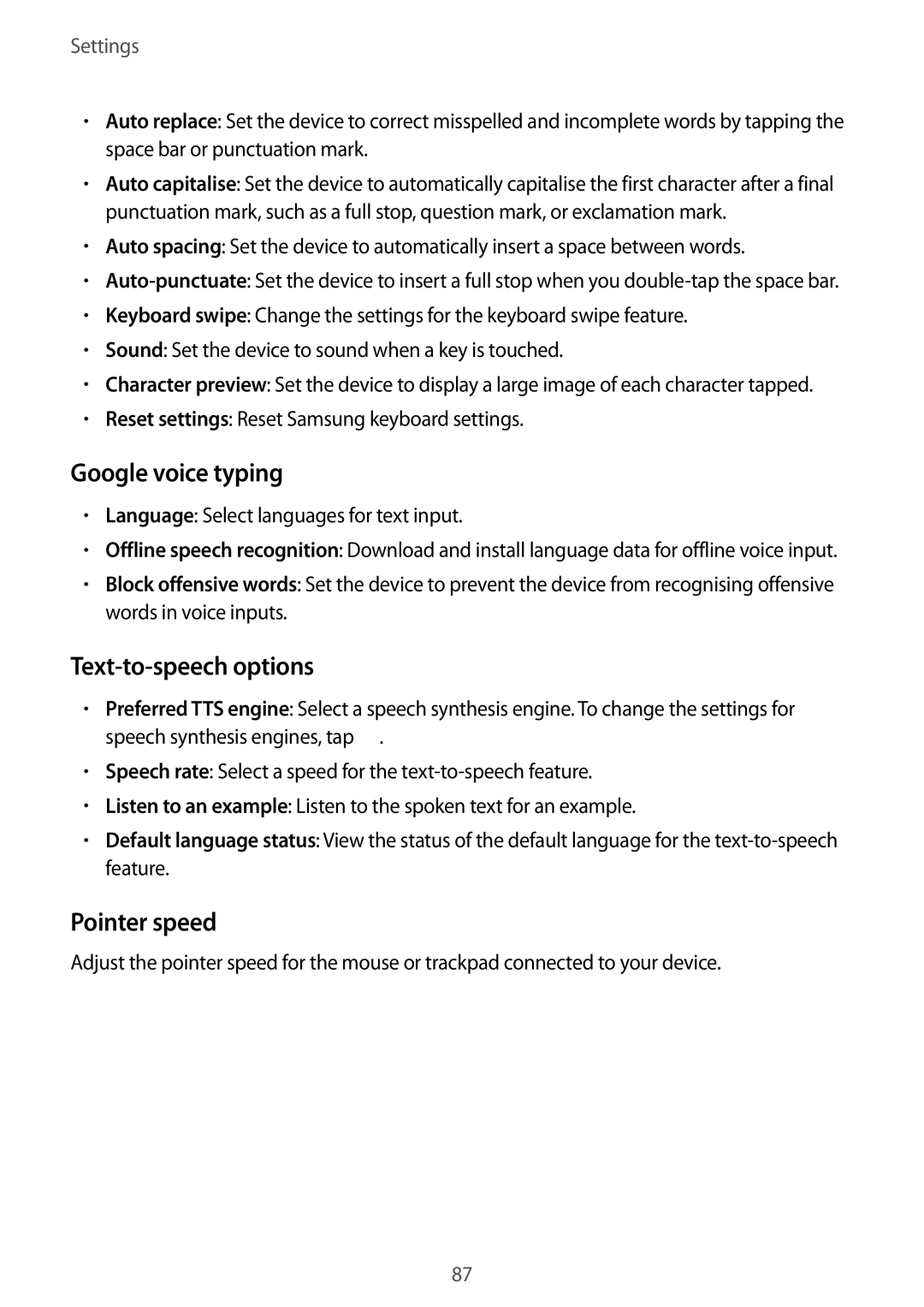 Samsung SM-G388FDSADBT, SM-G388FDSAPLS, SM-G388FDSASEB manual Google voice typing, Text-to-speech options, Pointer speed 