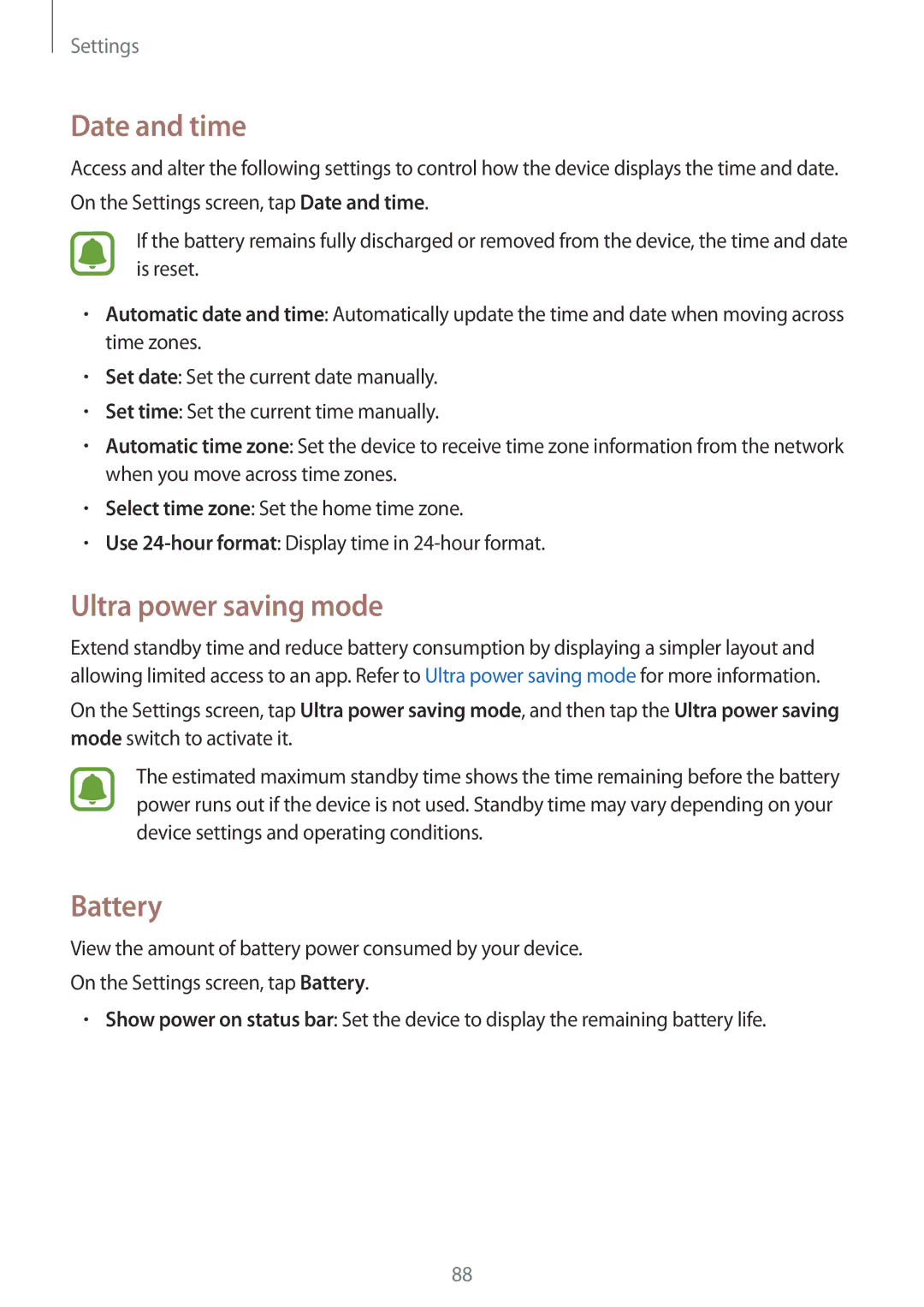 Samsung SM-G388FDSACYV, SM-G388FDSAPLS, SM-G388FDSASEB, SM-G388FDSADPL manual Date and time, Ultra power saving mode, Battery 