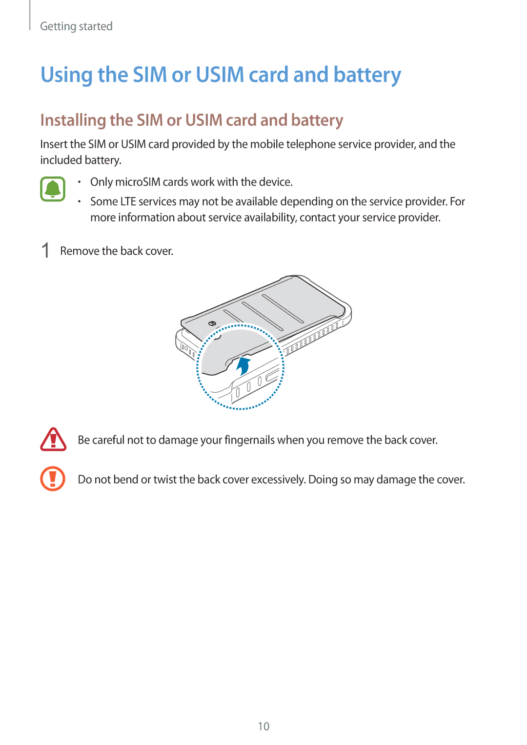 Samsung SM2G388FDSADDE, SM-G388FDSAPLS Using the SIM or Usim card and battery, Installing the SIM or Usim card and battery 